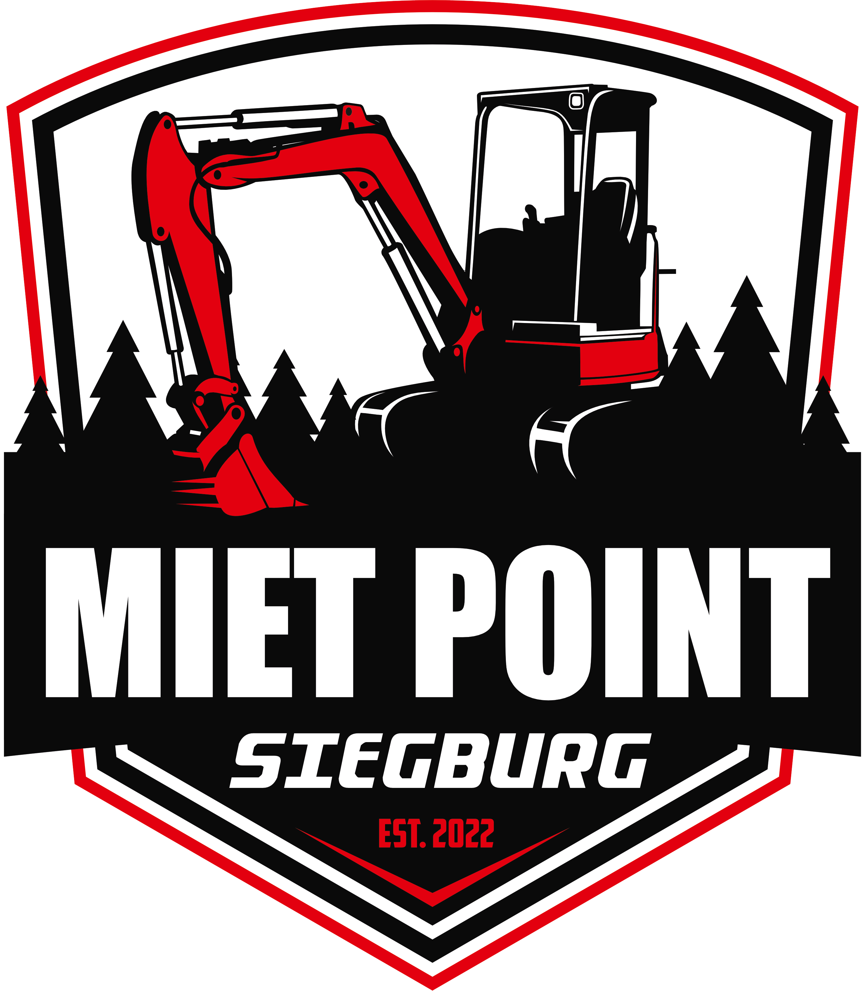 Miet-Point-Logo. Ein roter Bagger vor einem Wald in Schwarz.